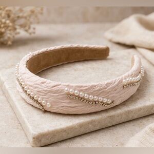 Blush Pink Pearl & Rhinestone Embellished Ribbed Headband Elegant Statement
